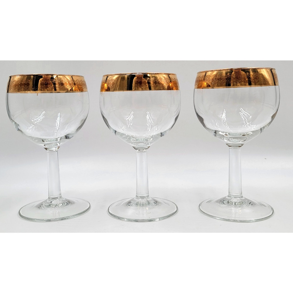 Wine Glasses Gold Trim Scrolling Pattern 5 1/8" France Lot of 3